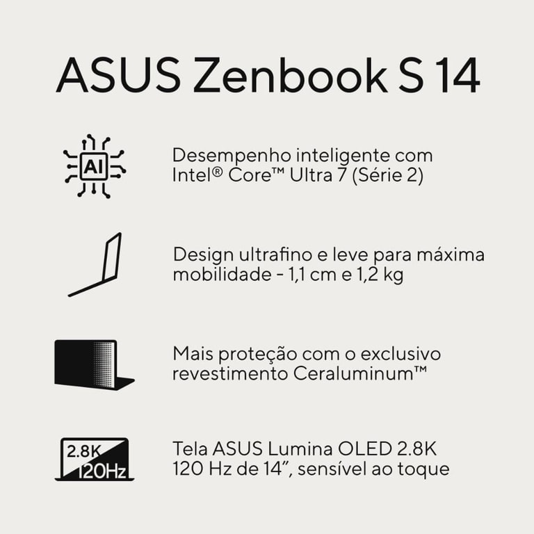Notebook asus Zenbook S 14 oled UX5406SA Intel Core Ultra 7 258 V 32GB Ram 1TB ssd Windows 11 Home Tela 14 Zumaia Gray - PZ172W