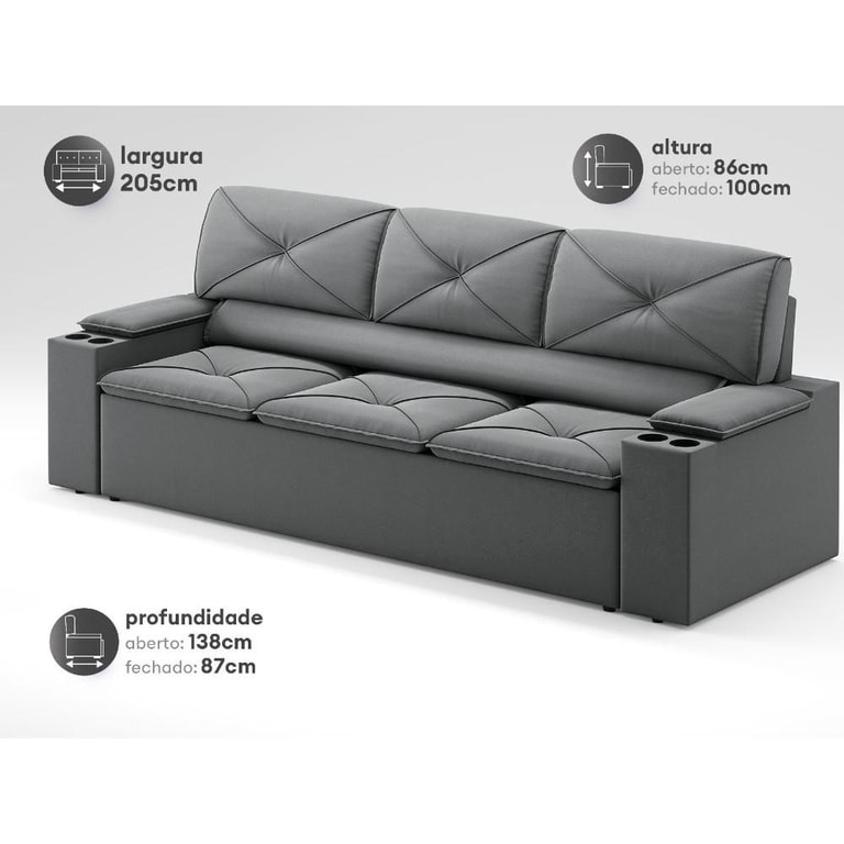 Sofá com Porta Copos Retrátil e Reclinável Pop 2,05m Velosuede Grafite - netsofas