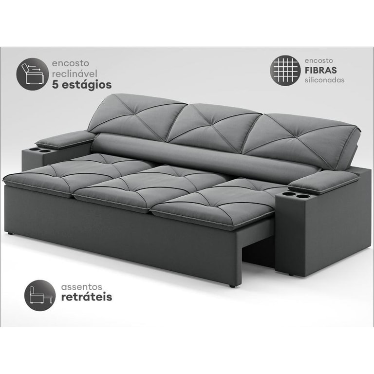 Sofá com Porta Copos Retrátil e Reclinável Pop 2,05m Velosuede Grafite - netsofas