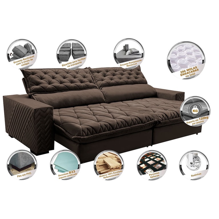 Sofá Retrátil e Reclinável 2,75m Molas Ensacadas Cama inBox Spazus com Bordado 3D Velusoft Café